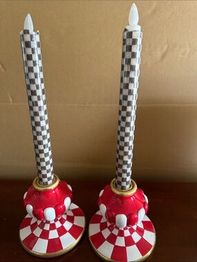 MacKenzie-Childs Red, White & Gold Checkered Ceramic Short Candle Holders. 4.5”